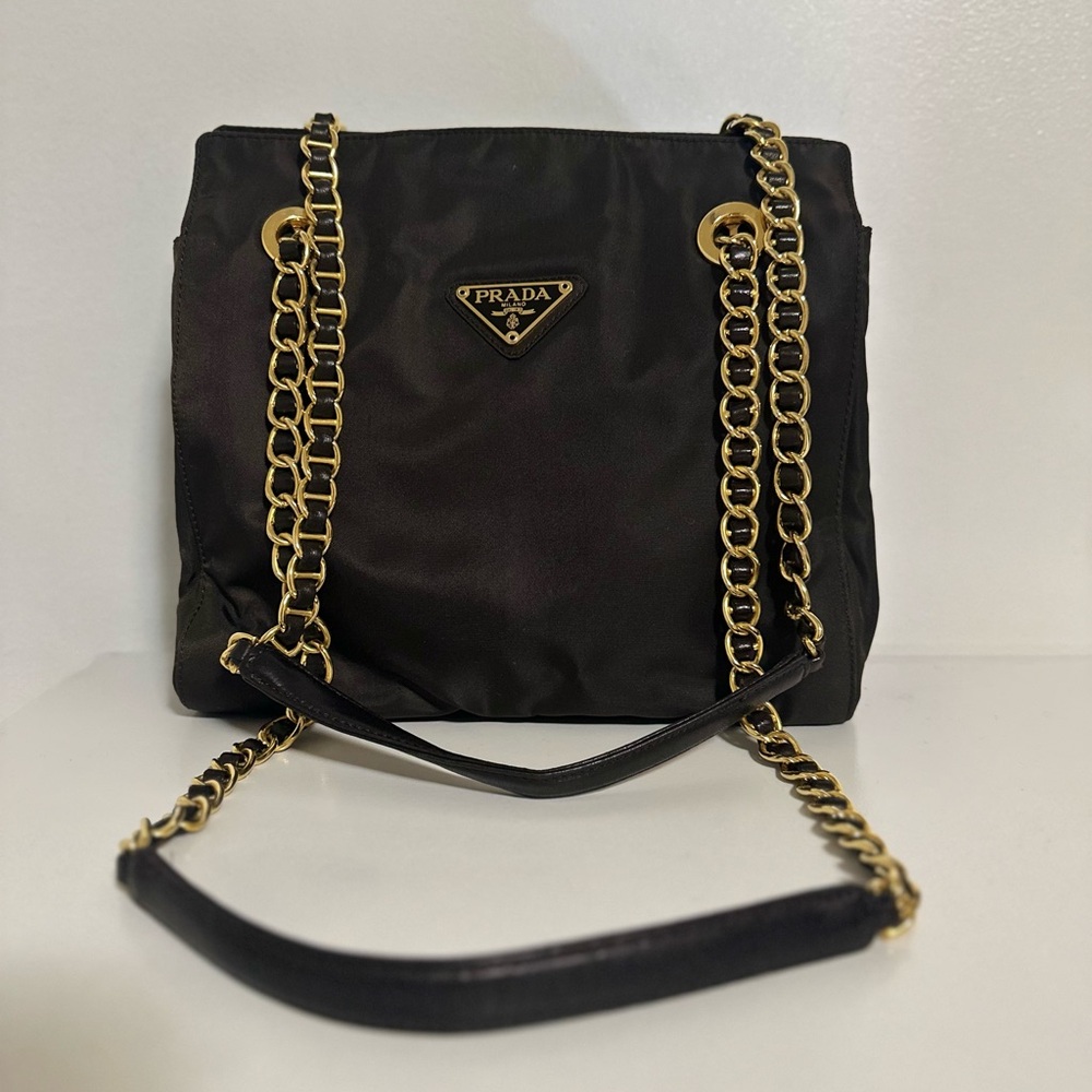 Prada Black Nylon Shoulder Bag with Gold Chain